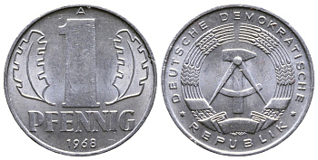 ГДР 1 ПФЕННИГ 1968 А KM 8.1 алюминий 80-831