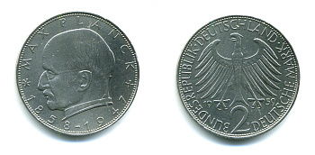 ФРГ 2 марки 1957 F, Макс Планк KM 116, J. 392 медно-никель плакированный никелем 54-1257