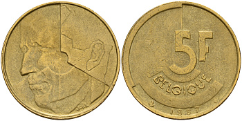 Бельгия 5 франков 1987 Belgique KM 163 алюминиевая бронза плакированная латунью    4187-427