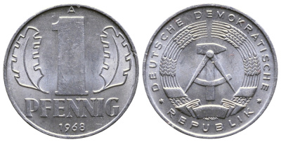 ГДР 1 ПФЕННИГ 1968 А KM 8.1 алюминий 80-831