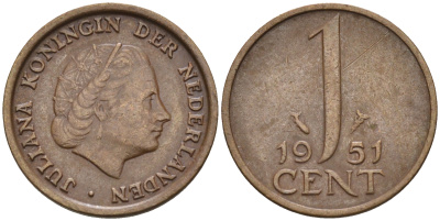 Нидерланды 1 цент 1951 Юлиана (1948-1980) КМ 180 бронза    4174-541