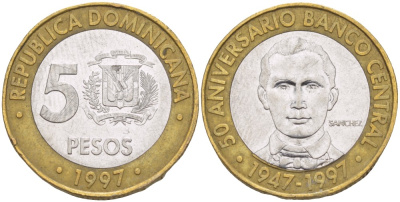Доминиканская республика 5 песо 1997 50 лет центральному банку KM 88 биметалл 4541-1056