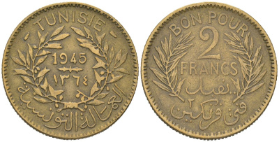 Тунис 2 франка 1945 АН1364 KM 248 алюминиевая бронза 4393-346