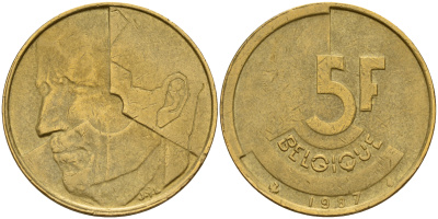 Бельгия 5 франков 1987 Belgique KM 163 алюминиевая бронза плакированная латунью    4187-427