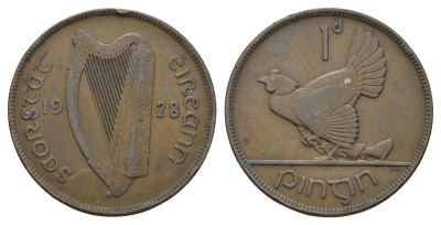 Ирландия 1 пенни 1928 курица с цыплятами KM 3 бронза 4683-226