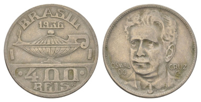 Бразилия 400 реалов 1936 Освалду Крус KM 539 медно-никель 4624-1217