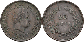 ПОРТУГАЛИЯ 20 РЕЙСОВ 1892 ЛУИШ (ЛЮДОВИК) I (1861-1889) KM 533 бронза 4565-132