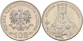 Польша 100 злотых 1988 MW, серия Польские правители, королева Ядвига (1384-1399) KM 183 медно-никель  UNC  4149-242