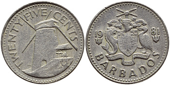 Барбадос 25 центов 1981 ветряная мельница Моргана Льюиса KM 13 медно-никель 4398-413