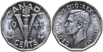 Канада 5 центов 1944 Георг VI (1937-1952) KM 40а хромированная сталь аUNC 4391-333