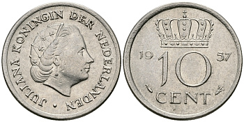 Нидерланды 10 центов 1957 Юлиана (1948-1980) KM 182 никель 96-356