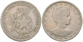 Бразилия 200 реалов 1901 MCMI, голова свободы вправо KM 504 медно-никель 4612-222