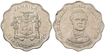 Ямайка 10 долларов 1999 KM 181 сталь плакированная никелем 4620-426
