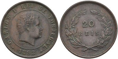 ПОРТУГАЛИЯ 20 РЕЙСОВ 1892 ЛУИШ (ЛЮДОВИК) I (1861-1889) KM 533 бронза 4565-132