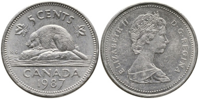 Канада 5 центов 1987 Елизавета II (1952-2022), бобер KM 60.2 a медно-никель 4543-711