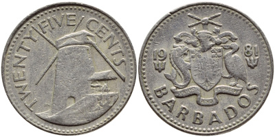 Барбадос 25 центов 1981 ветряная мельница Моргана Льюиса KM 13 медно-никель 4398-413