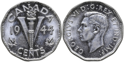 Канада 5 центов 1944 Георг VI (1937-1952) KM 40а хромированная сталь аUNC 4391-333
