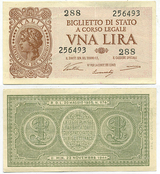 Италия 1 лира 1944 23 ноября 1944, подпись ventura Pick 29a бумага аUNC 7551-42-2-1