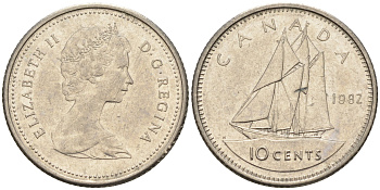 Канада 10 центов 1982 Елизавета II, парусник KM 77.2 никель    4147-361
