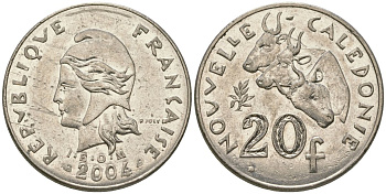 Французская Новая Каледония 20 франков 2004 три быка, (IEOM) KM 12, Schoen 14, Lec 115h никель 81-711