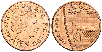 Великобритания 1 пенни 2011 Елизавета II (1952-2022) KM 1107, Spink B6 сталь плакированная медью 177-732