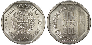 Перу 1 новый соль 2007 KM 308.4 медно-никель UNC 4605-223