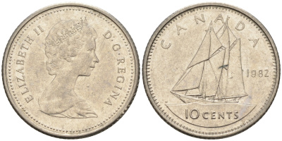 Канада 10 центов 1982 Елизавета II, парусник KM 77.2 никель    4147-361