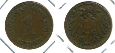 ГЕРМАНИЯ 1 ПФЕННИГ 1891 A KM 10, J. 10 медь 701-121