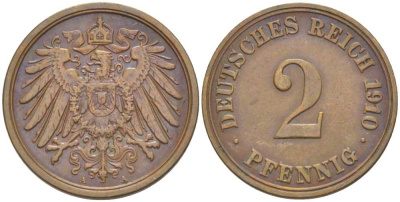ГЕРМАНИЯ 2 ПФЕННИГА 1910 A KM 16, J. 11, Weege 4 медь 206-555