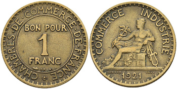 Франция 1 франк 1921 KM 876, Le Franc 218.5 алюминиевая бронза 4142-611