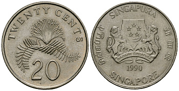 Сингапур 20 центов 1990 KM 52 медно-никель 4167-1011