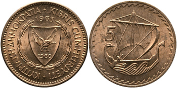 Кипр 5 милсов 1963 парусник KM 39 бронза aUNC 33-744