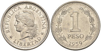 Аргентина 1 песо 1959 голова свободы влево KM 57 сталь плакированная никелем 87-344