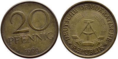 ГДР 20 пфеннигов 1969 А, первый год KM 11 латунь UNC 4398-1055