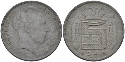 Бельгия 5 франков 1945 Belges, германская оккупация KM 129.1 цинк 4592-352