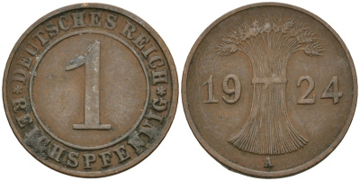 Германия 1 рейхспфенниг 1924 A KM 37, J. 313 бронза 4189-1057