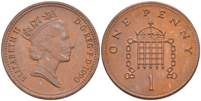 Великобритания 1 пенни 1990 Елизавета II (1952-2022) KM 935, Spink 4381 (B3) бронза 4594-124