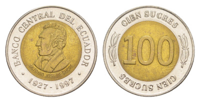 Эквадор 100 сукре 1997 70 лет Центробанку KM 101 биметалл UNC 4640-1251