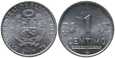Перу 1 сентимо 2007 LIMA KM 303.4a, Schon 102a алюминий UNC 4532-1035