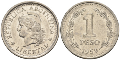 Аргентина 1 песо 1959 голова свободы влево KM 57 сталь плакированная никелем 87-344