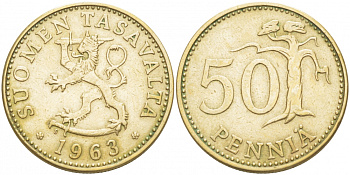 ФИНЛЯНДИЯ 50 ПЕННИ 1963 S ПЕРВЫЙ ГОД KM 48 алюминиевая бронза 3457-846