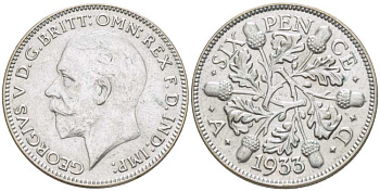 Великобритания 6 пенсов 1933 Георг V (1910-1936) KM 832, Spink 4041 серебро 72-1148