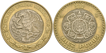 Мексика 10 песо 1998 Мо, бог Тонатиуха с огненной маской KM 616 биметалл 4364-2813