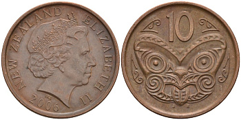 Новая Зеландия 10 центов 2006 маска Маори, Елизавета II (1952-) KM 117а сталь плакированная медью 181-141