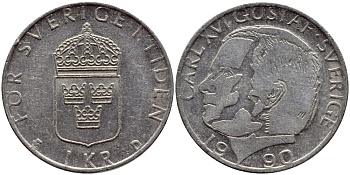Швеция 1 крона 1990 Карл XVI Густав (1973- ) KM 852a медно-никель 4398-1223