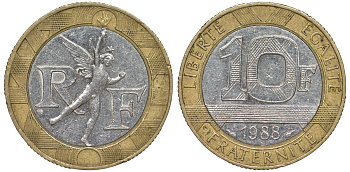 Франция 10 франков 1988 тип Гений Бастилии KM 964.1, Le Frank 375.2 биметалл 45-536