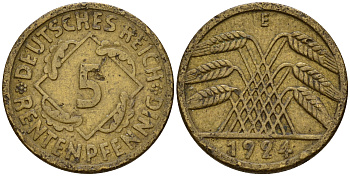 Германия 5 рентенпфеннигов 1924 E J.308, KM 32 алюминиевая бронза    4598-1158