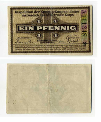 Германия 1 пфенниг 1917 инспекция лагерей военнопленных в Франкфурте на Майне, XVIII-ий Армейский корпус, июнь C-2954 бумага 504-82-3-2