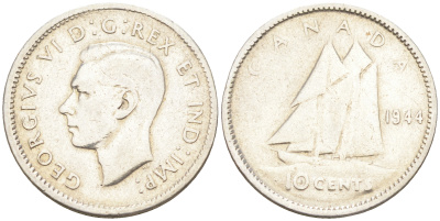 Канада 10 центов 1944 Георг VI (1936-1952), парусник KM 34 серебро  4147-411