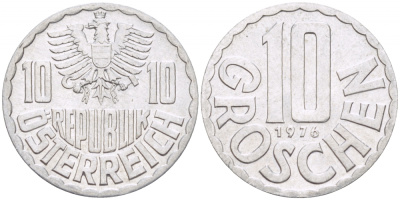 АВСТРИЯ 10 ГРОШЕЙ 1976 KM 2878 алюминий 3309-957